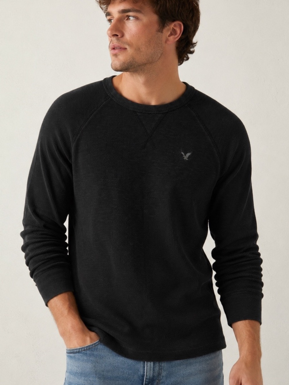 Men’s American Eagle Outfitters Black Waffle Knit Crewneck Size Small